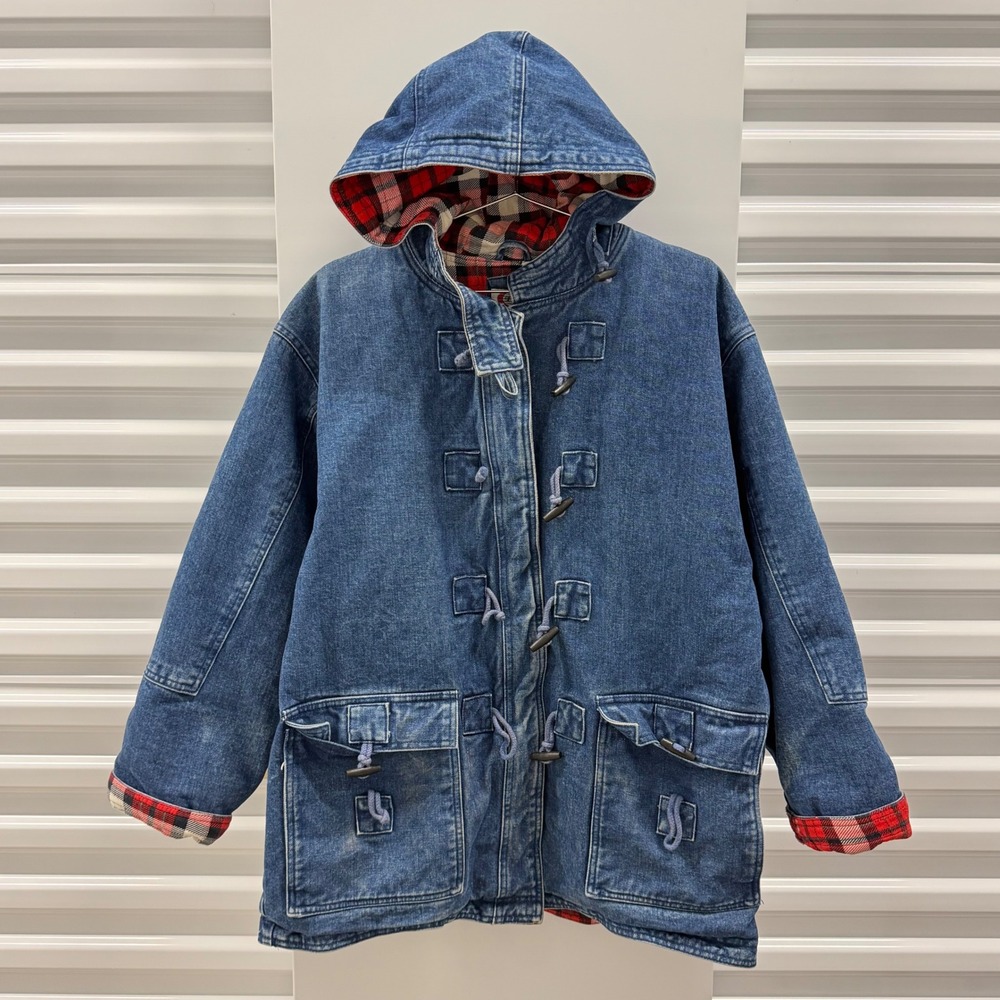 90s Pan Asia Mens Vintage Denim Duffle Coat Plaid Lined Toggle Hooded Jacket M